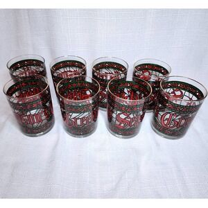 Vintage 70s Houze Stained Glass Xmas Lowball Glasses Seasons Greetings Set 8